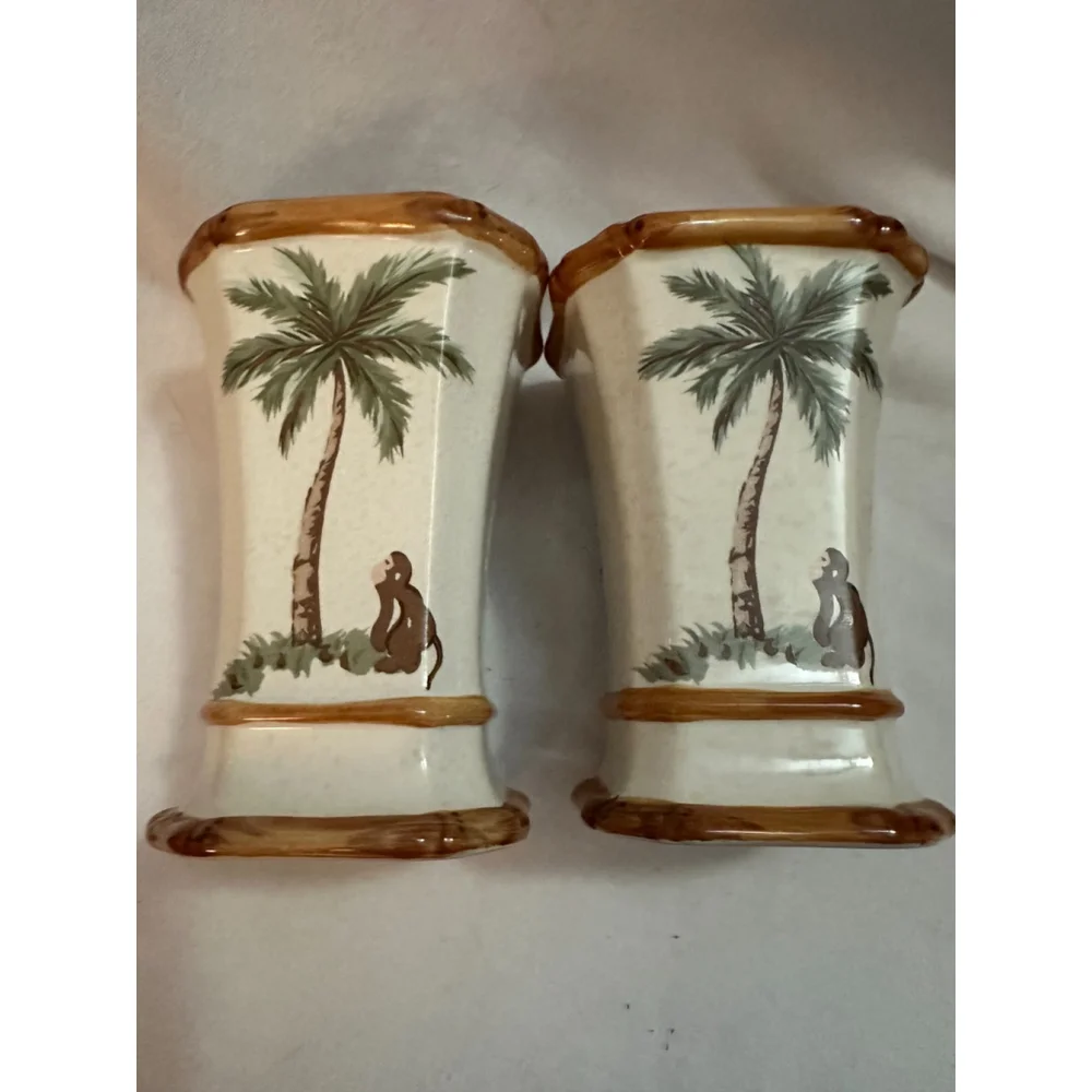 Vintage Springmaid Palm Tree Bathroom Set Toothbrush Holder & Tumbler Cup Cerami